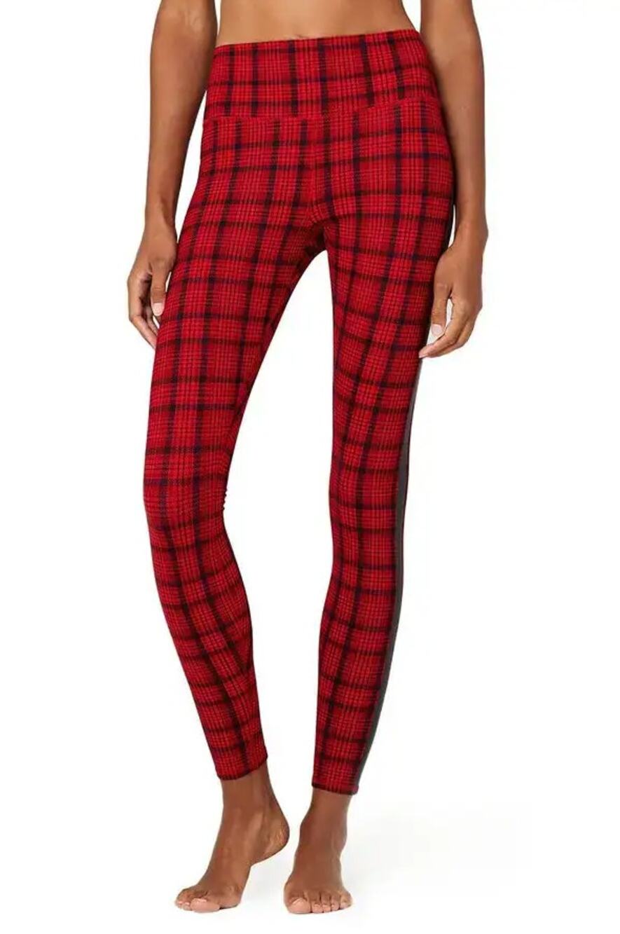Alo Yoga Vapor Plaid Leggings Women Size S Scarlet Red Gray Tuxedo Stripe $128